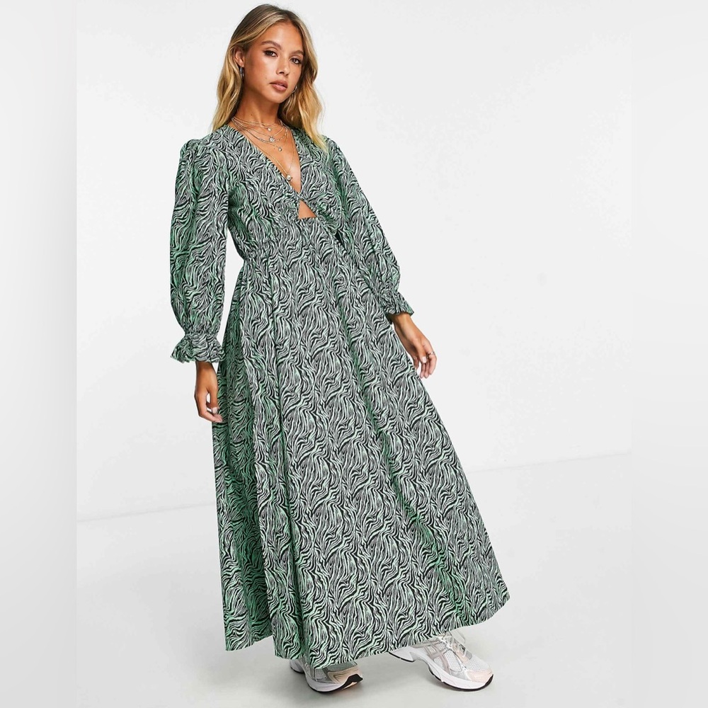 ASOS DESIGN Curve cotton midi smock dress in green zebra